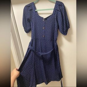 Monteau Navy Blue White Puff Sleeve Polka Dot Dress with Belt
